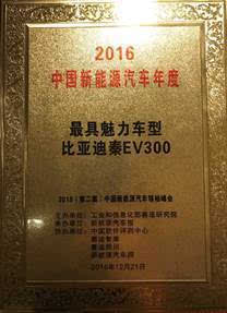 动力系统获金奖 秦EV300成“最具魅力车型”