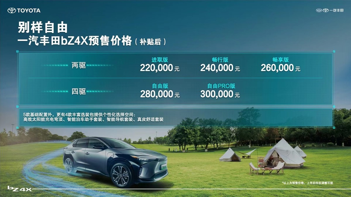 一汽丰田bZ系列首款纯电SUV bZ4X预售开启 预售价22万元—30万元